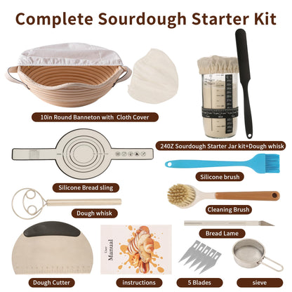 Complete Sourdough Starter Kit with Banneton Proofing Basket & Dough Scraper – All-in-One Bread Baking Set for Homemade Artisan Sourdough