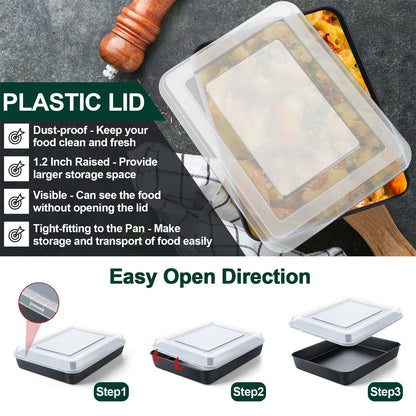 P&P CHEF Toaster Oven Pan with Lid, Nonstick Cake Lasagna Pan Rectangular Tray for Baking Roasting Storing, Stainless Steel Core & Plastic Cover, Oven & Freezer Safe, (9.4 Inch, 2Pcs)