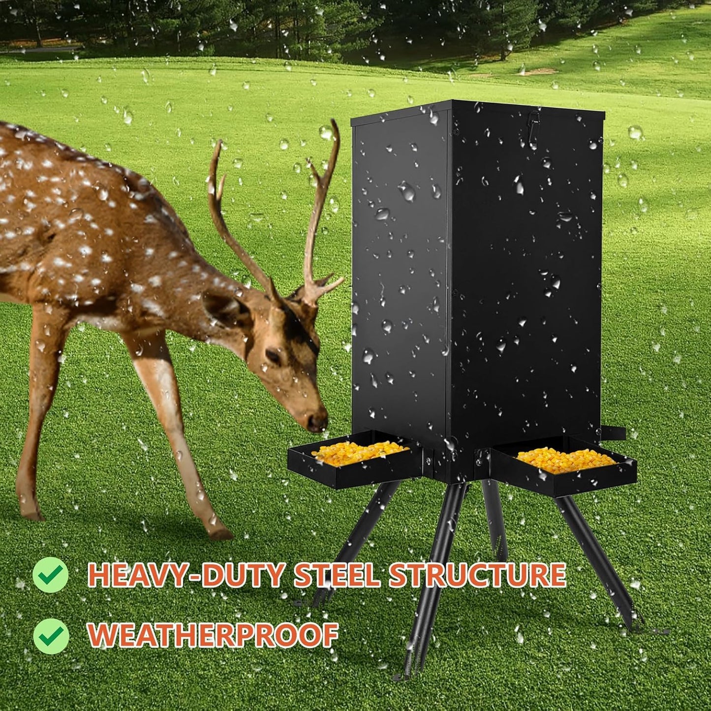 PROLEE 85lbs Deer Feeder, Weatherproof Deer Feeders with 4 Feeding Tray and 4-Leg Stand, Heavy Duty Metal Gravity Feeder for Deers and Wildlife (Black)