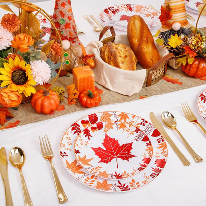 Liacere 150PCS Thanksgiving Plastic Plates- Include 30 Dinner Plates, 30 Dessert Plate,30 Forks, 30 Gold Spoons, 30 Gold Knives Perfect for Thanksgiving＆ Fall Plates
