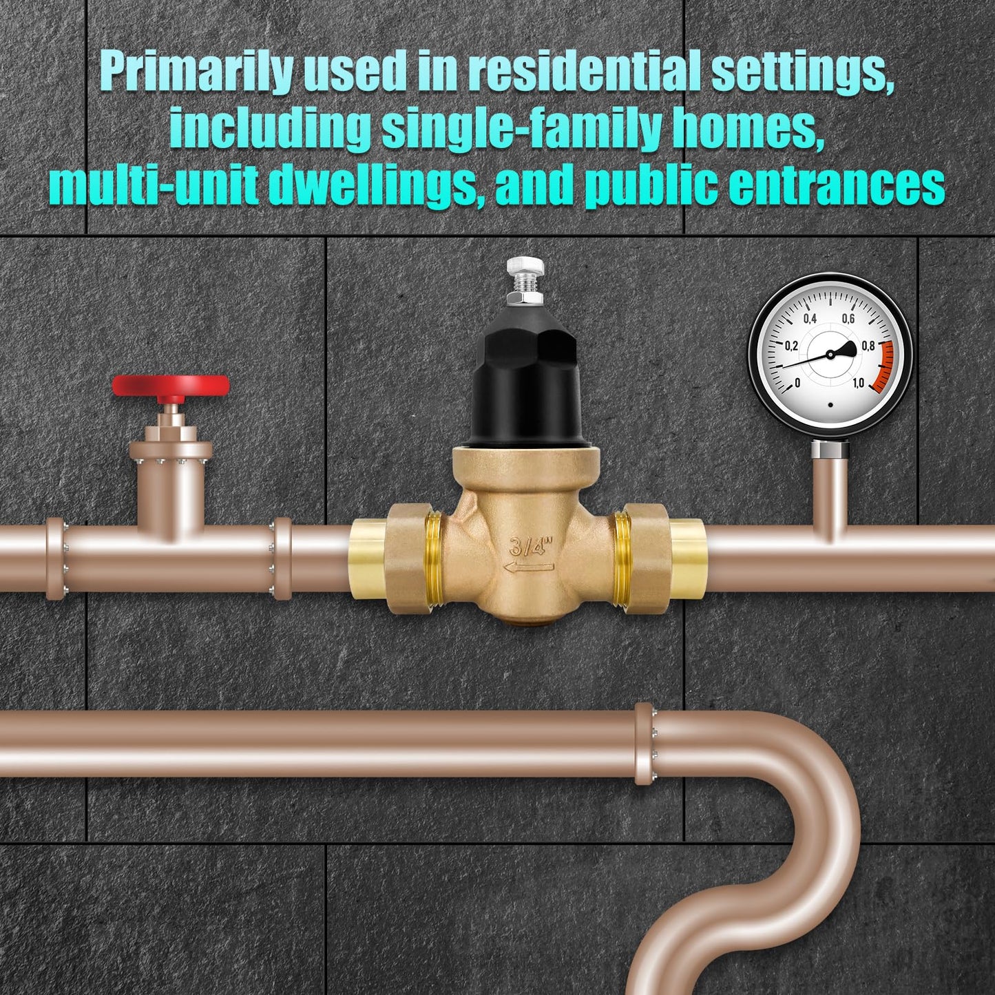 NR3XLDU 3/4" Brass Pressure Reducing Valve With Double Union FNPT Connection, Built-In Stainless Steel Filter, Primarily Used In Residential Settings And Public Entrances