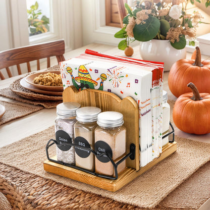 WRINGKIT Napkin Holder for Table, Rustic Napkin Dispenser with 2 Slot Salt Pepper Shakers Caddy, Wood Paper Napkin Storage Dispenser Condiment Caddy for Kitchen, Restaurant, Dining Room