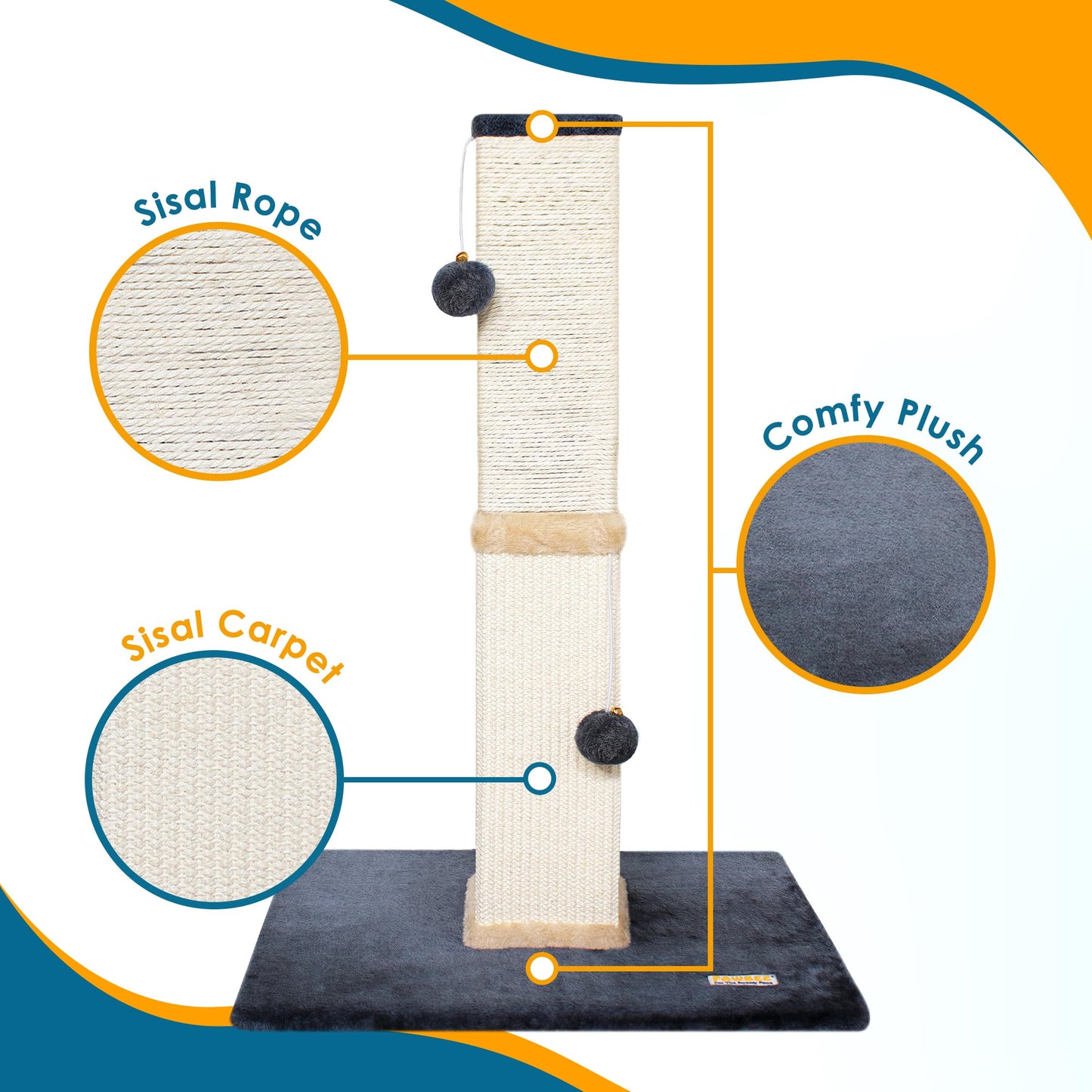 PAWBEE Cat Scratch Post Tower - 32” Tall Cat Scratching Post with Jingle Bells and Plush Balls - Sisal Cat Scratcher with Larger Base for Better Stability - Cat Scratching Posts for Indoor Cats