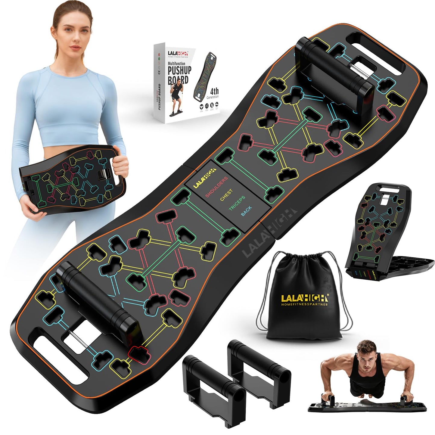 LALAHIGH Push Up Board,36 in 1 Home Gym Equipment with Ab Roller Wheel & Resistance Bands, Portable Foldable Workout Board for Full Body Strength Training Men Women