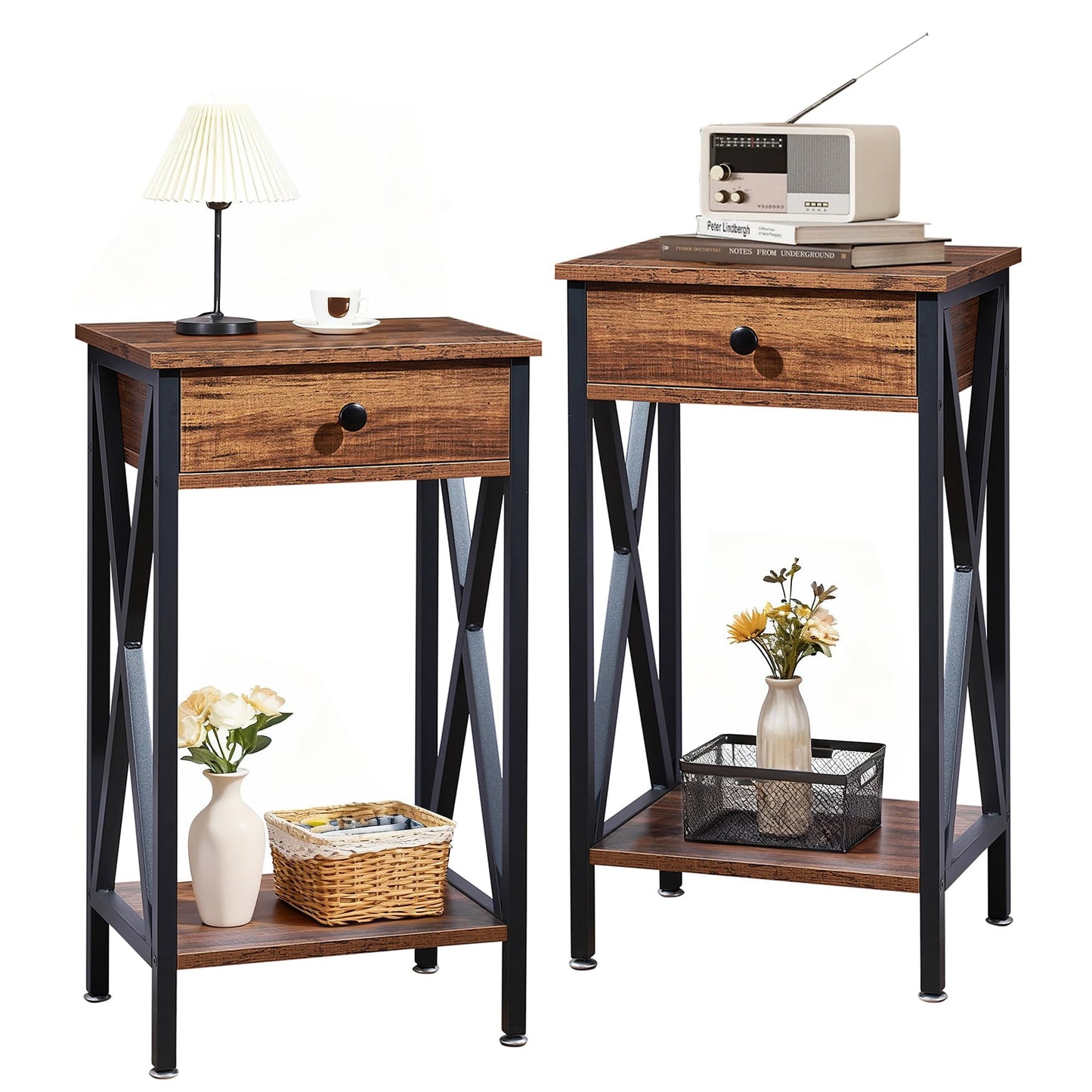 VECELO Tall End Side Tables,27 Inch Night Stand with U-Shape Basket and Storage Drawer/Shelf for Living Room/Bedroom/Small Spaces,Set of 2,Brown