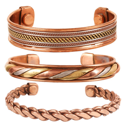 Touchstone copper bracelets | gift for men women |adjustable 100% pure solid real magnetic jewelry | handmade bracelet set combo | rope braided tibetan bangles. Set of 3 different designs