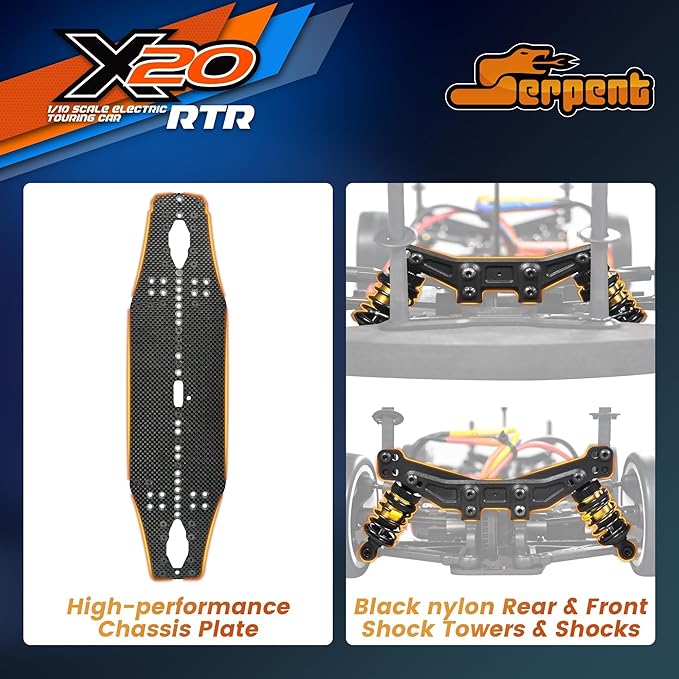 Serpent X20 1/10 RC Touring Car RTR 4WD Fast Electric RC Car with Brushless Motor Carbon Fiber &amp CNC Aluminum Parts High Speed Batteries and Charger Not Included (Orange)
