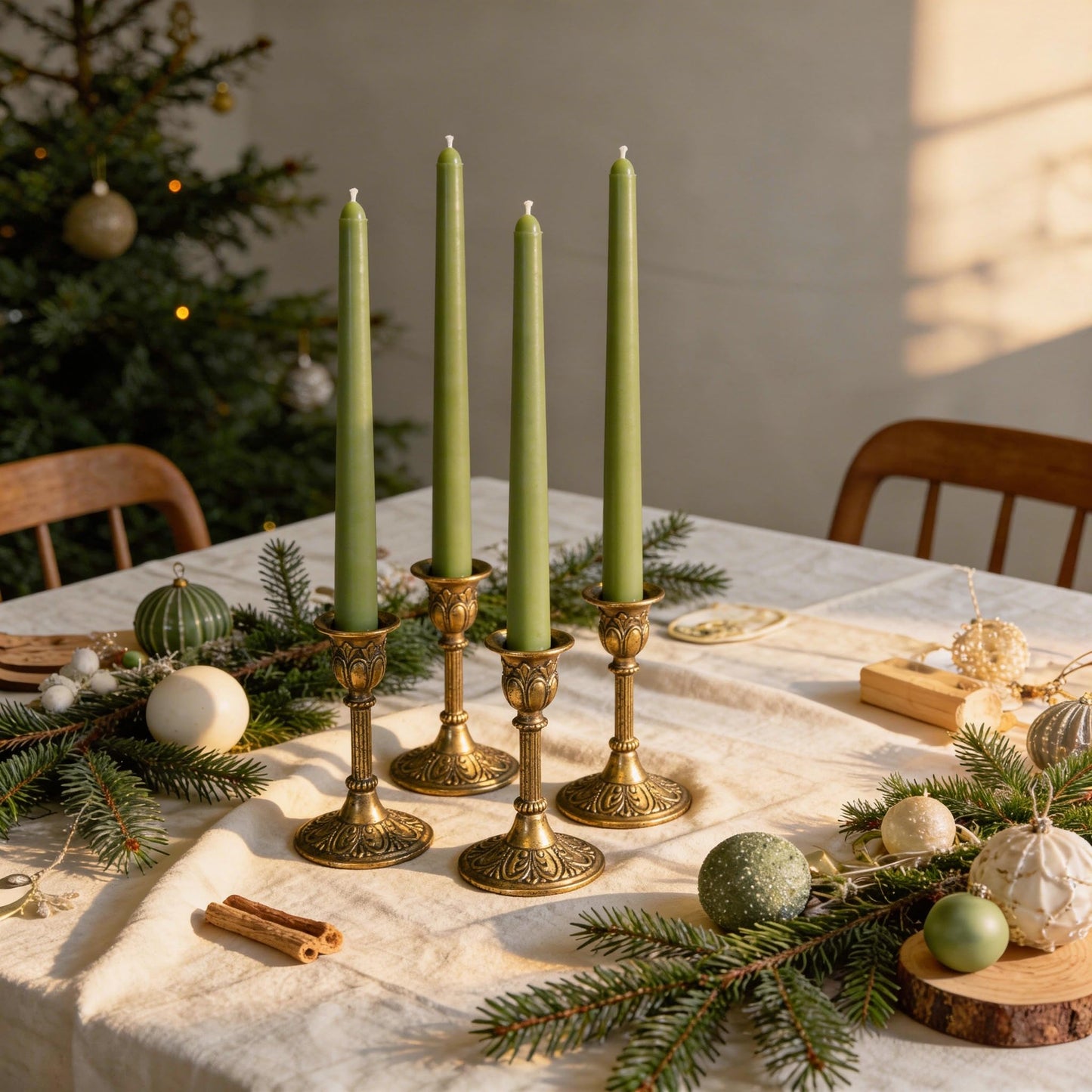 Viyffo Taper Candles, 10 Inch, 4 Pack, Olive Glow – Unscented, Dripless & Smokeless Design, Up to 8 Hour Burn – Long Tall Taper Candlesticks for Wedding, Dinner & Home Decor