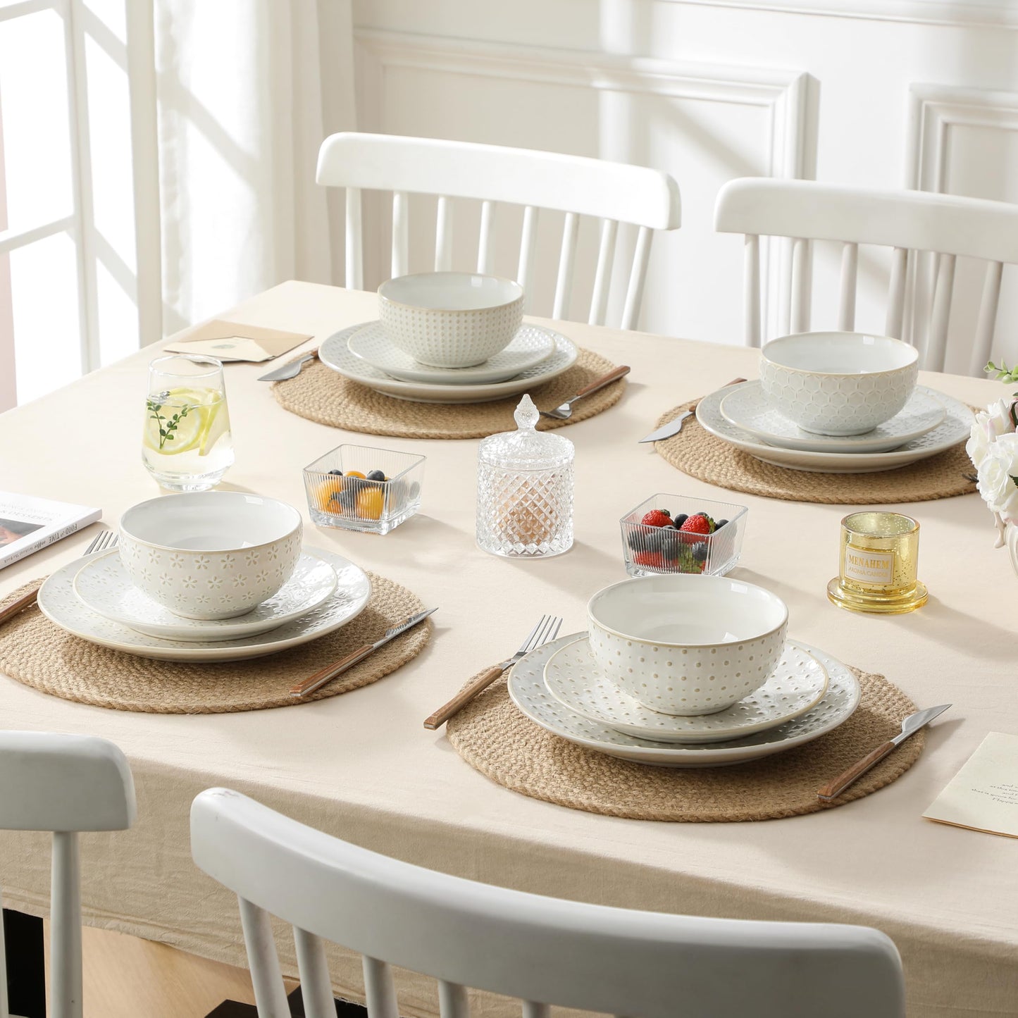 MALACASA 24 Piece Dinnerware Set, Embossed Ceramic Dish Sets Service for 8, Plates and Bowls Set, Durable Stoneware Tableware for Family Dinners, Dishwasher & Microwave Safe