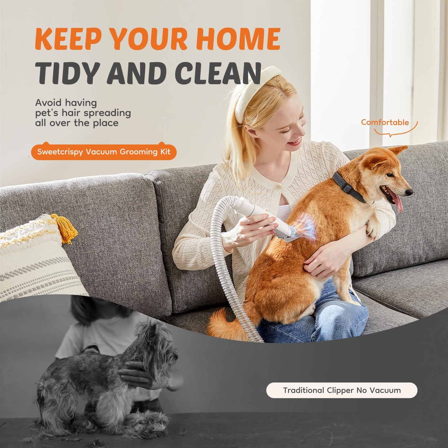 Sweetcrispy Pet Grooming Vacuum Kit, Professional Dog Grooming Clippers with 2.5L Cup, 3 Suction Modes, Cordless Clippers, 5 Groomer Tools, Low Noise Pet Hair Trimmer for Dogs, Cats and Other Animals