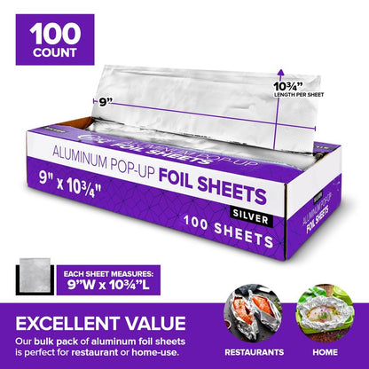 Pre-Cut Deli Aluminum Foil Sheets,100 Count - Heavy Duty 9x10' Pop Up Sheet for Burrito, Hot Dogs & Sandwiches
