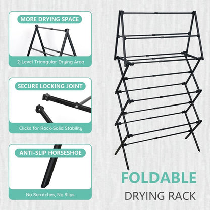 ZOES HOMEWARE 4 Tier Clothes Drying Rack Foldable | Foldable Clothing Drying Rack | Laundry Drying Rack Collapsible for Laundry Room, Dorm, Expandable Sturdy Metal Design | Black 29"L x 11.5"W x 53"H