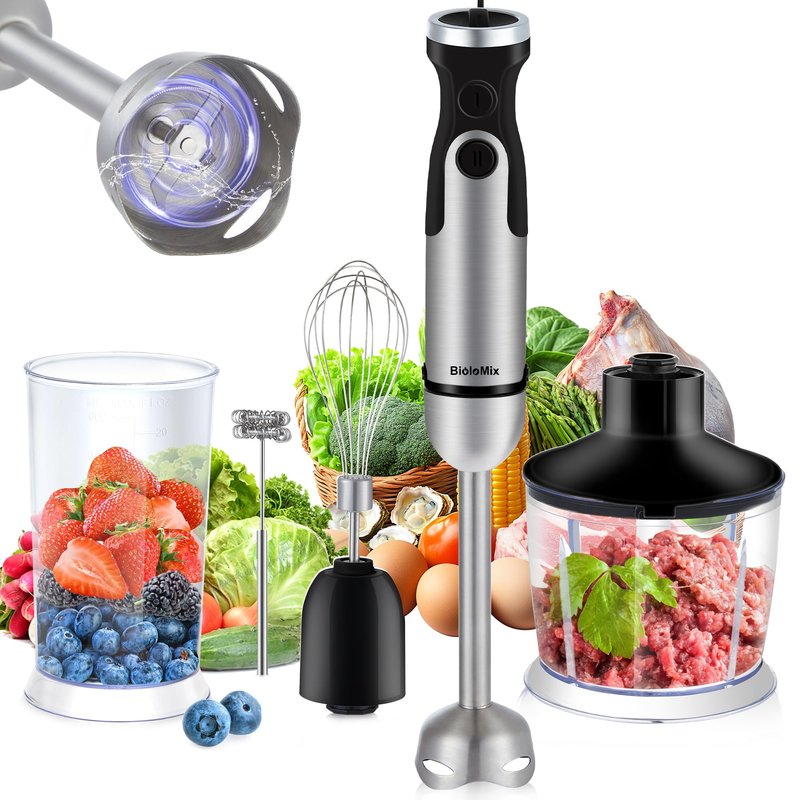 BioloMix Hand Blender 5 in 1 Immersion Blender 1000W, 6 Speed With Turbo Mode hand blenders immersion Stainless Steel Blade With 800ml Chopper, 600ml Mixing Beaker, Whisk and Milk Frother
