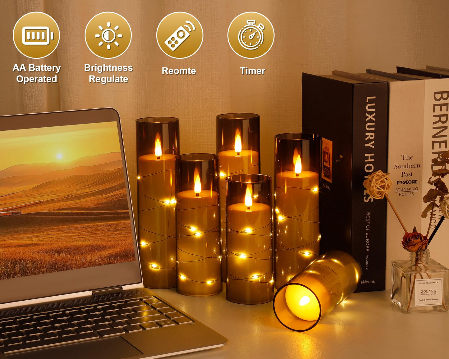 Enido Flameless LED Candles with Remote & Timer, Battery Operated Acrylic Pillar Set, 5 Pc Flickering Electric Lights with Embedded Star String for Cozy Home & Holiday Romantic Decor (Grey)