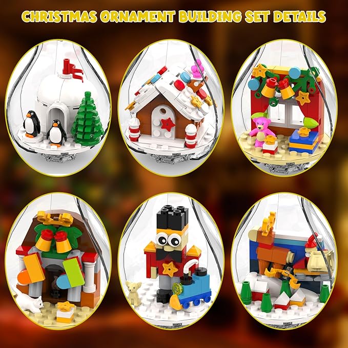 6 Pack Christmas Tree Bulb Ornament with Light Building Set Including Gingerbread House Penguin House Christmas House Fireplace Nutcracker Reindeer Stocking Stuffer Toy Gifts for Kids.(405PCS)