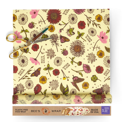 Bee's Wrap Vegan Beeswax Wraps for Food - Cut to Size 14x52" Beeswax Wrap Roll - Plastic Free Made in USA Reusable Natural Food Wrap - Meadow Magic