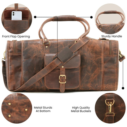 Handmade World Leather Duffle Bag for Men – Full Grain Buffalo Leather Weekender Travel Bag, Large Carry On Overnight Gym Bag, Handmade Rustic Brown Leather Luggage 24 Inch (Crunch Leather)