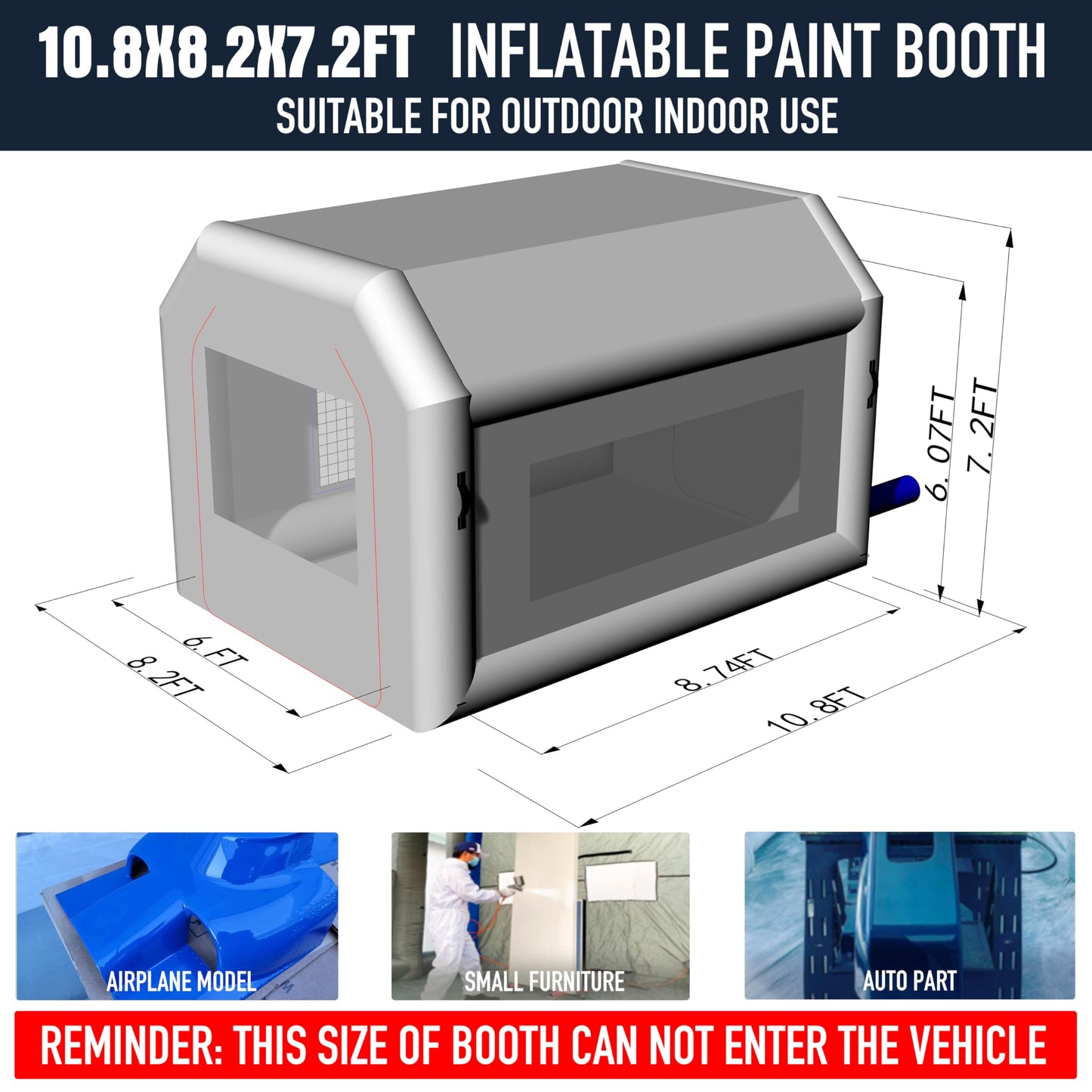 Sewinfla Portable Inflatable Paint Booth Tent 10.8x8.2x7.2Ft with One Blower 480W Inflatable Spray Paint Booth with Air Filter System, Blow Up Paint Booth