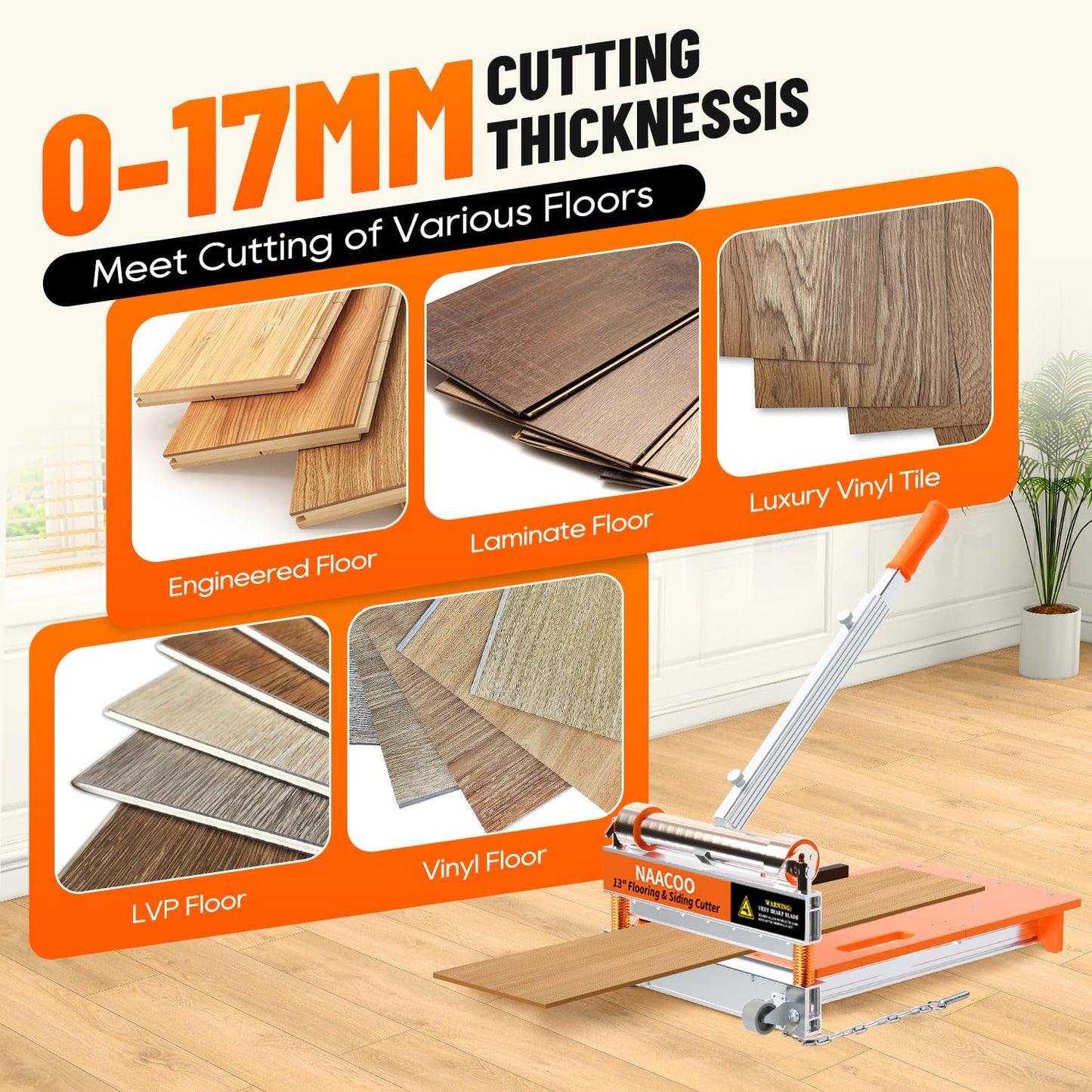 NAACOO 17mm Heavy Duty Laminate/Vinyl Floor Cutter, 13” Vinyl Plank Cutter with Wheel – Just 1 Step Meet Angle&Length Cutting, Flooring Tools - Cuts Laminate Floor, Engineer Wood, LVP/T, VCT, SPC, WPC