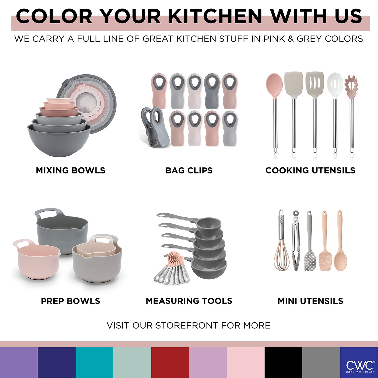 COOK WITH COLOR Nesting Bowls with Measuring Cups Colander and Sifter Set - Includes Mixing Bowls, Colander, Sifter and Measuring Cups, Pink, 8 Pc Bowl