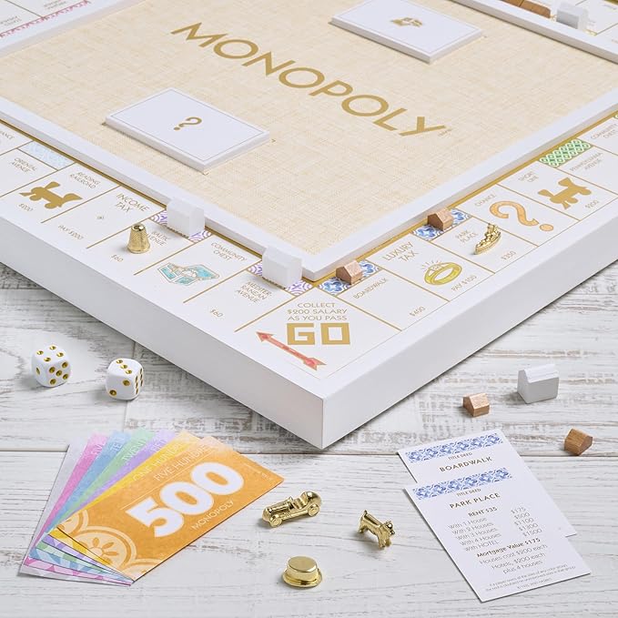 WS Game Company Monopoly Bianco Edition White Wood Board Gold-Tone Tokens Grasscloth-Textured Center Solid Wood Houses &amp Hotels Premium Accessories Board Games for 2-6 Players
