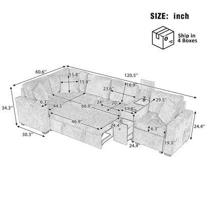 ERYE 120.5-Inch Oversized Sleeper Sectional Sofa W/Pull Out Sleeper Couch Bed, Modern Chenille Upholstered Reversible Modular Sectional Sleeper Sofa with Console & Cupholders