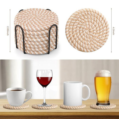Cotton Woven Coasters with Holder - Absorbent Coasters Set of 8 for Table Protection, Home Decor, Glasses, Cups, Bar, Housewarming Gift