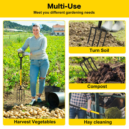 Pitch Fork, 4 Tine Heavy Duty Garden Fork with Ergonomic No-Slip D-Grip Handles, 45 Inches Long Handle Spading Fork, Perfect for Gardening Digging, Land Management, Yard work, Farming (Black)