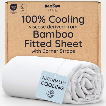 Bambaw King White Fitted Sheet Only, 100% Viscose Derived from Bamboo Sheet, Cooling Fitted Sheet King Size, 16” Deep Pocket Sheet (White)