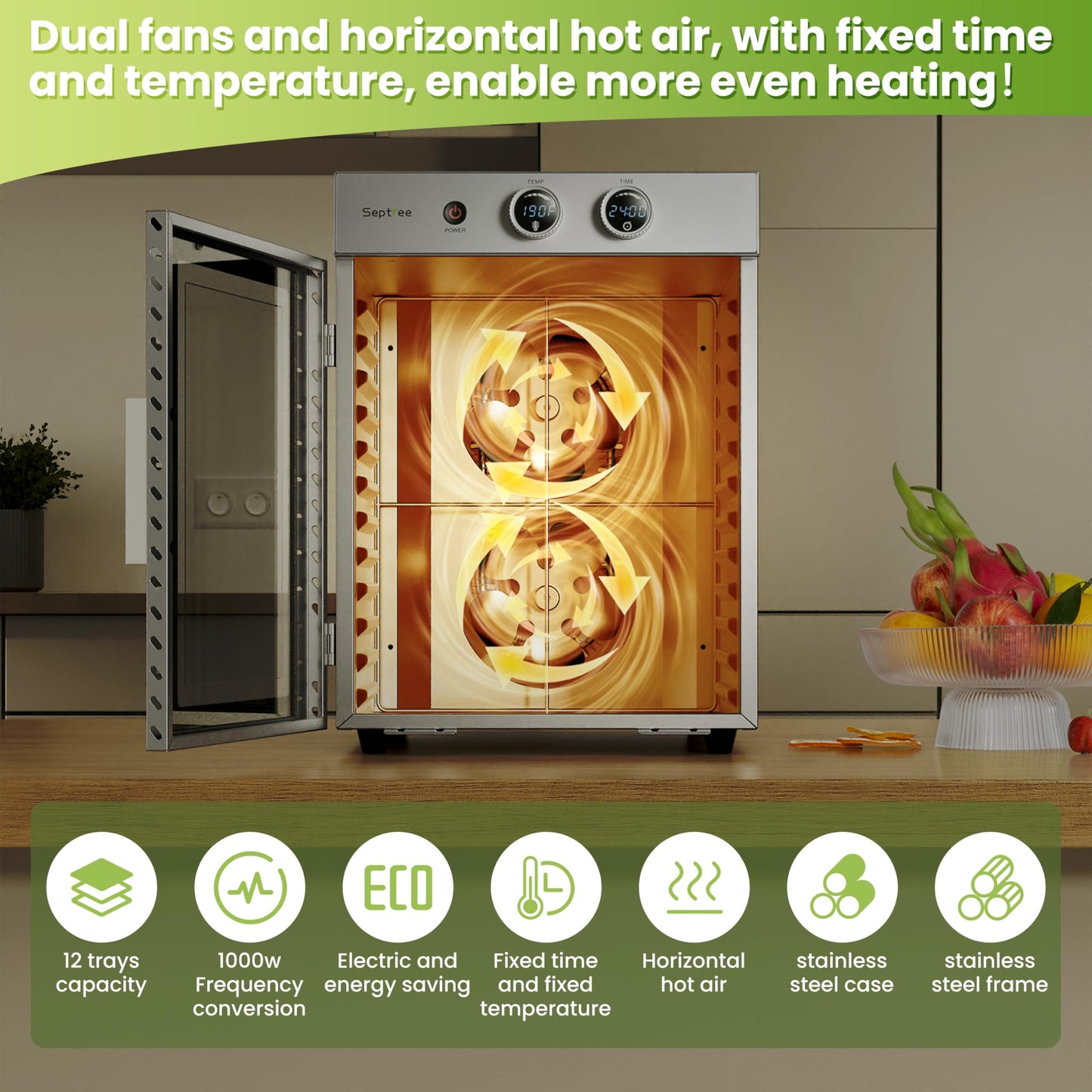 Food Dehydrators Machine with 12 Stainless Steel Trays with Timer Setting Temperature Adjusted 68 ℉ to 194 ℉ Dryer for Herb Fruit Meat Vegetables Mushroom Beef for Commercial Household Dark Black