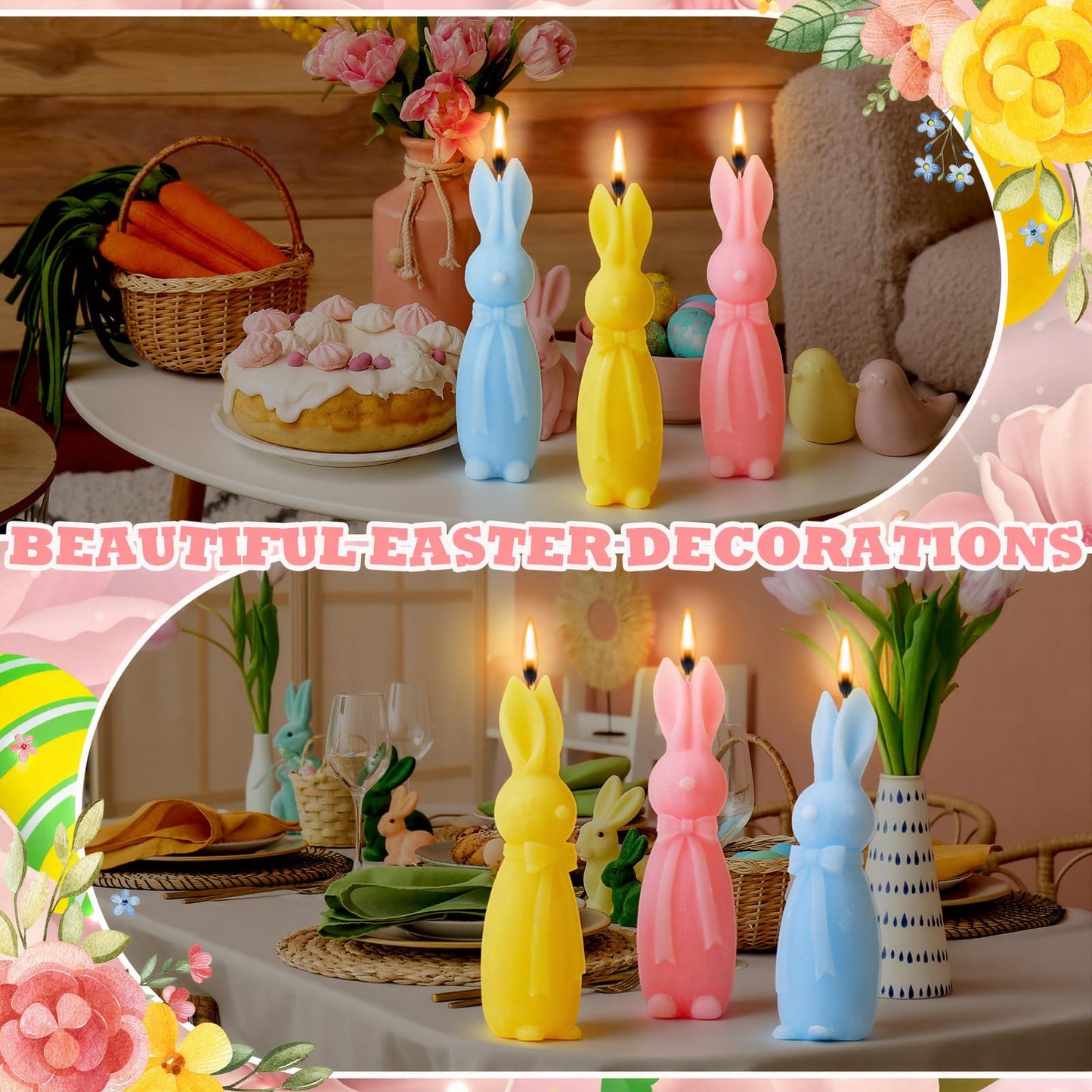 Lounsweer 3 Pcs Easter Bunny Candle Scented 5.7 Inch Pastel Mini Rabbit Shaped Votive Easter Flower & Fruit Scented Pillar Candle for Home Table Shelf Living Bedroom Party Gifts, Macaron Color