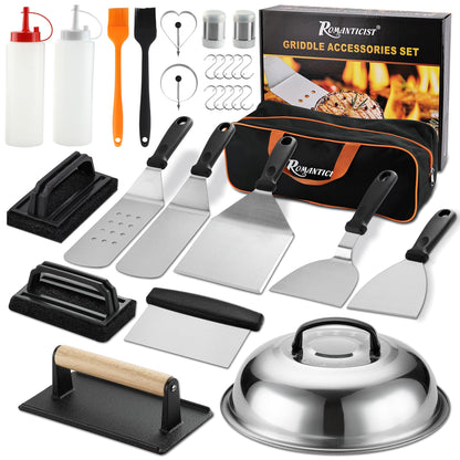 ROMANTICIST 29PCS Griddle Accessories Set - Flat Top Teppanyaki Spatula Set with Scraper, Basting Cover for Camp Chef- Home Cooking Griddle and Outdoor BBQ Gifts for Christmas