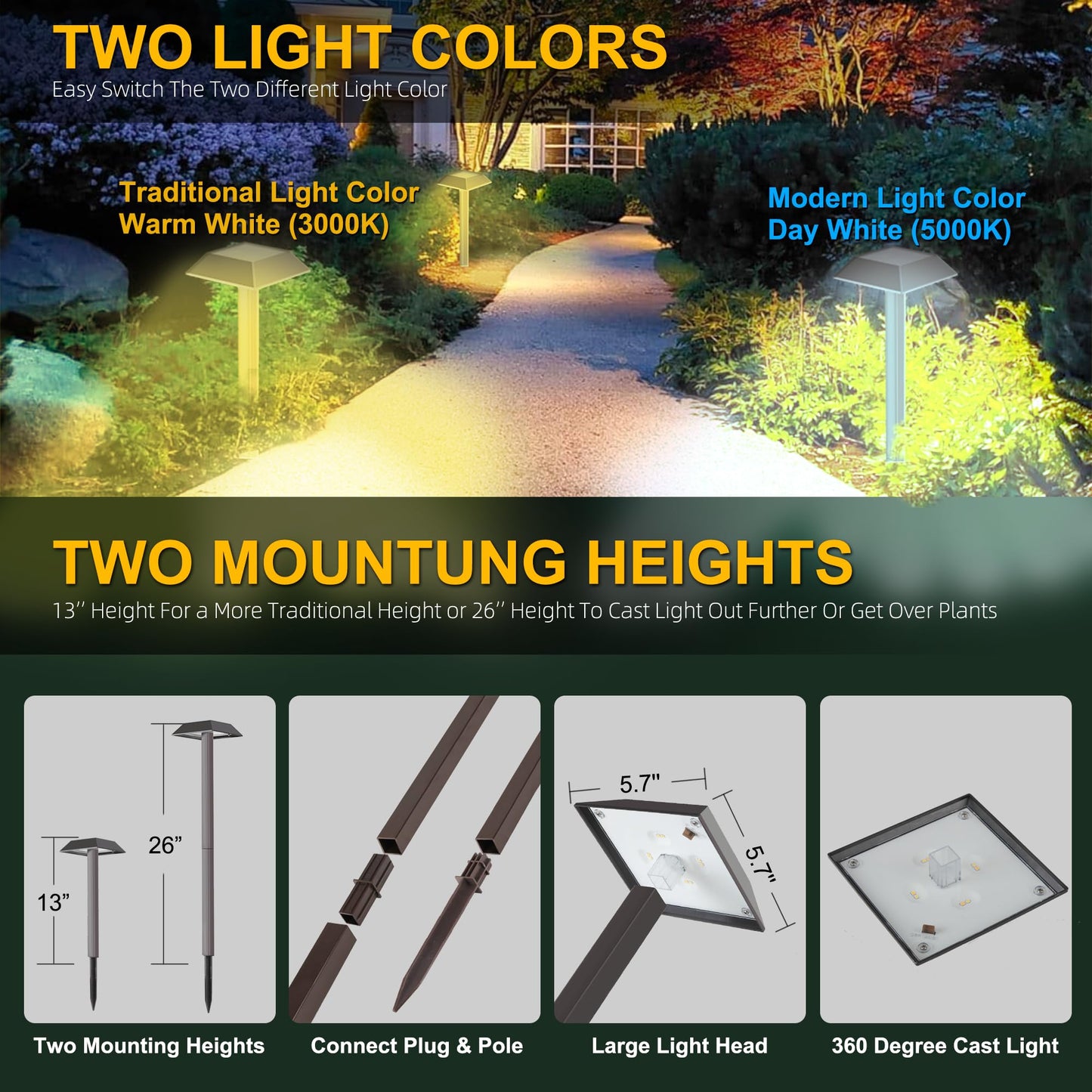 Bobcat Solar Landscape Pathway Lights Super Bright with 2-in-1 Warm White and Daylight Modes, Solar Lights for Outdoor Path, Sidewalk, Driveway, or Walk Way, Dark Brown(4 Pack)