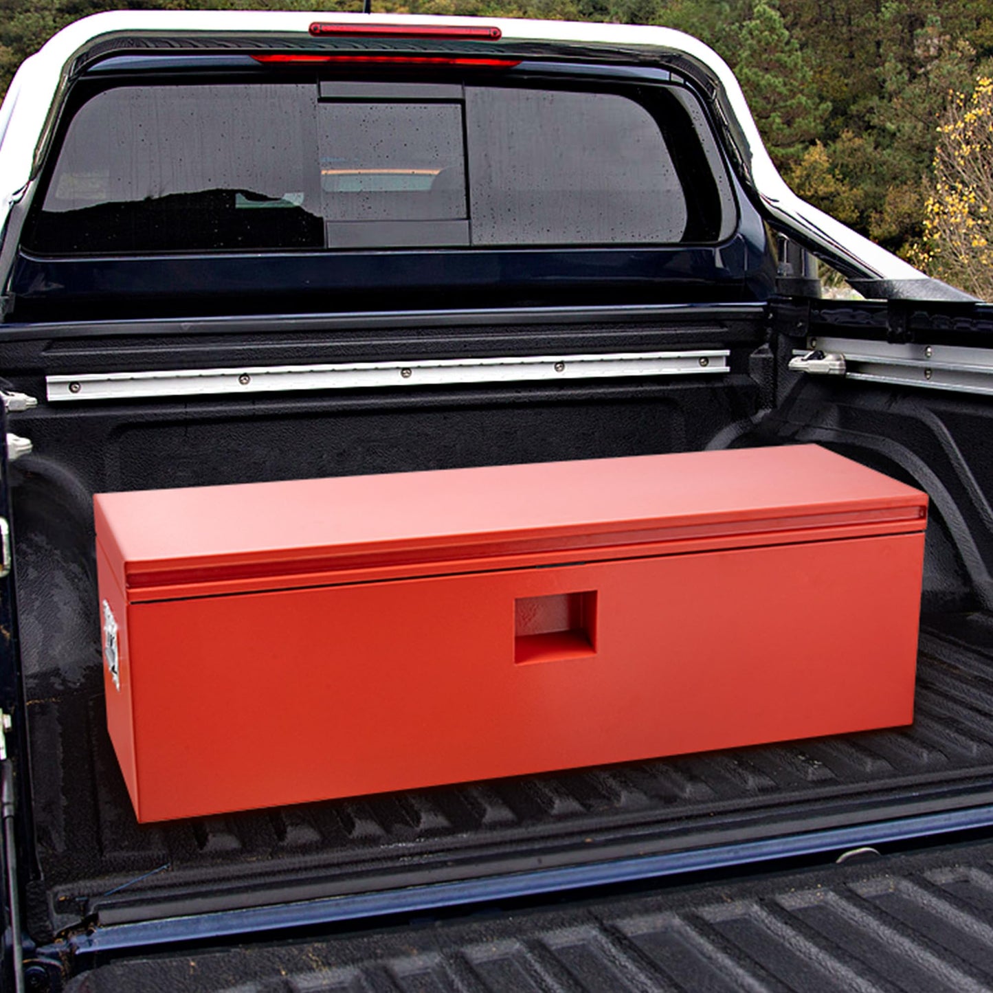 PeakPursuit Heavy Duty Red Steel Truck Bed Toolbox – Waterproof Industrial Storage Chest, Gas-Shock Lid, Rubber Seal, Lock & Keys for Pickup, RV, Trailer