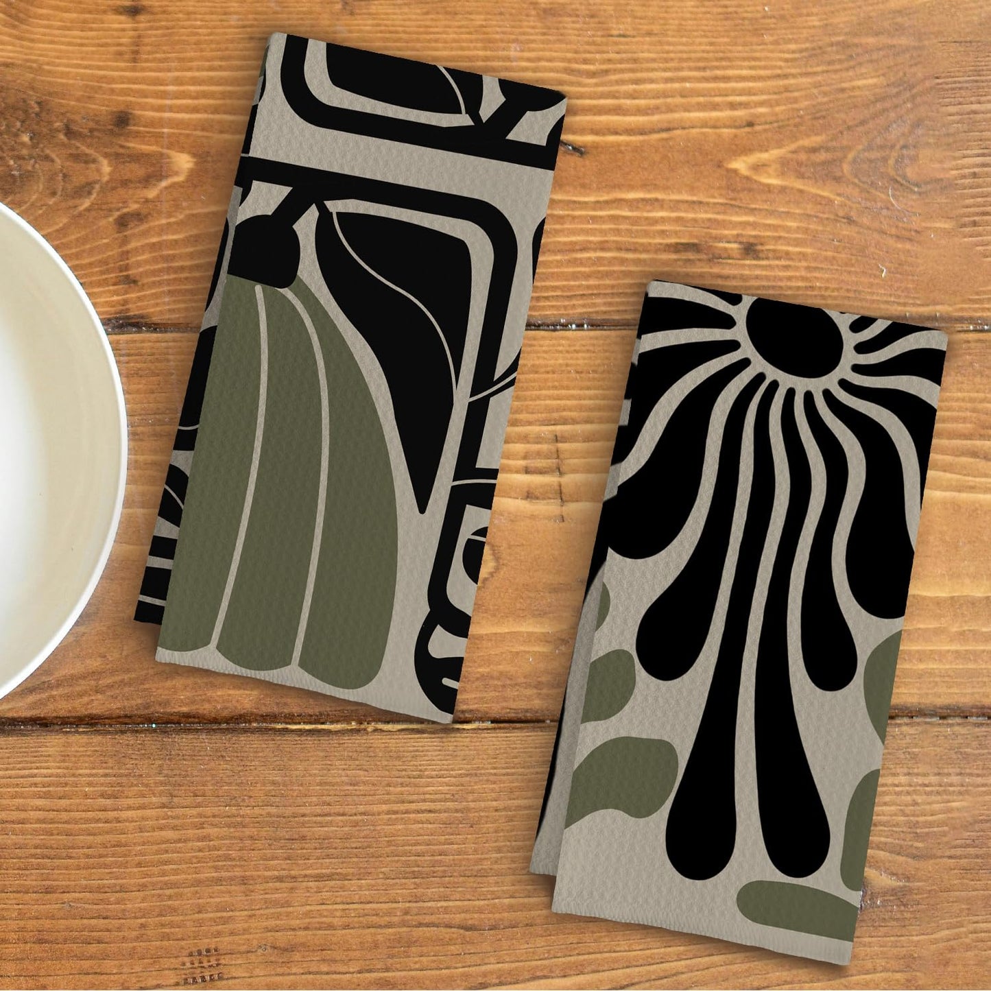 Qpenm Sage Green Groovy 70s Retro Kitchen Towels Set of 2 - Boho Floral Dish Towels for Kitchen, Boho Hand Towels for Bathroom, Boho Sage Green Bathroom Kitchen Decor, 16x24 Inches