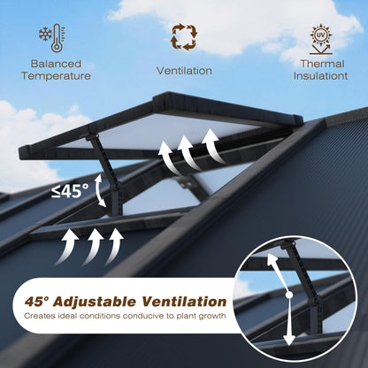 MUPATER 8 x 8FT Wooden Polycarbonate Greenhouse with 6mm Polycarbonate Panels for UV Protection, Ventilated Window & Lockable Door, Walk-in Greenhouse for Outdoors, Patio, Backyard, Black