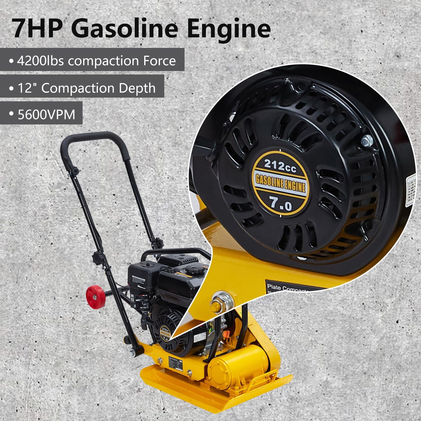 7HP Plate Compactor, 212CC Gas Engine, 4200lbs Power Jumping Jack Tamper, 22.1x15.9 in Plate Compaction Force Rammer Jumping Jack Tamper, 5600 VPM Pavement Compactor for Asphalts, Walkway