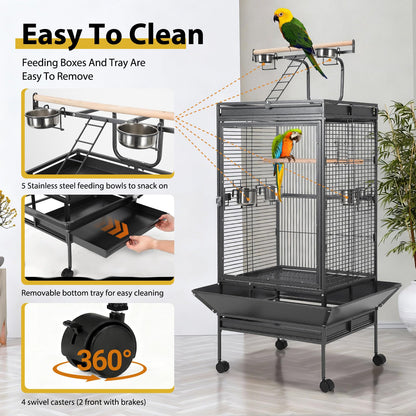 64.4" Tall Large Bird Cage, Metal Parrot Cage with Rolling Stand, Play Top & Bowls - Bird Aviary for Parrots, Parakeets, Conures, Cockatiels, Indoor Outdoor Aviary for Outside Porch Garden Yard