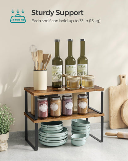 SONGMICS Cabinet Organizer Shelf, Set of 4 Kitchen Counter Shelves, Kitchen Storage, Spice Rack, Stackable, Expandable, Metal and Engineered Wood, Cloud White and Natural Beige UKCS010N01