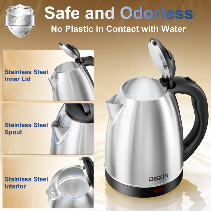 DEZIN Electric Kettle Upgraded, BPA Free 2L Stainless Steel Tea Kettle, Fast Boil Water Warmer with Auto Shut Off and Boil Dry Protection Tech for Coffee, Tea, Beverages
