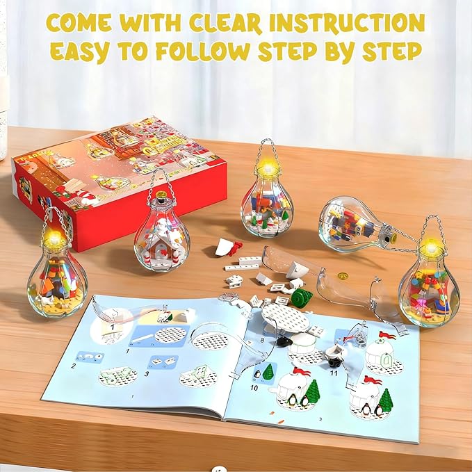 6 Pack Christmas Tree Bulb Ornament with Light Building Set Including Gingerbread House Penguin House Christmas House Fireplace Nutcracker Reindeer Stocking Stuffer Toy Gifts for Kids.(405PCS)