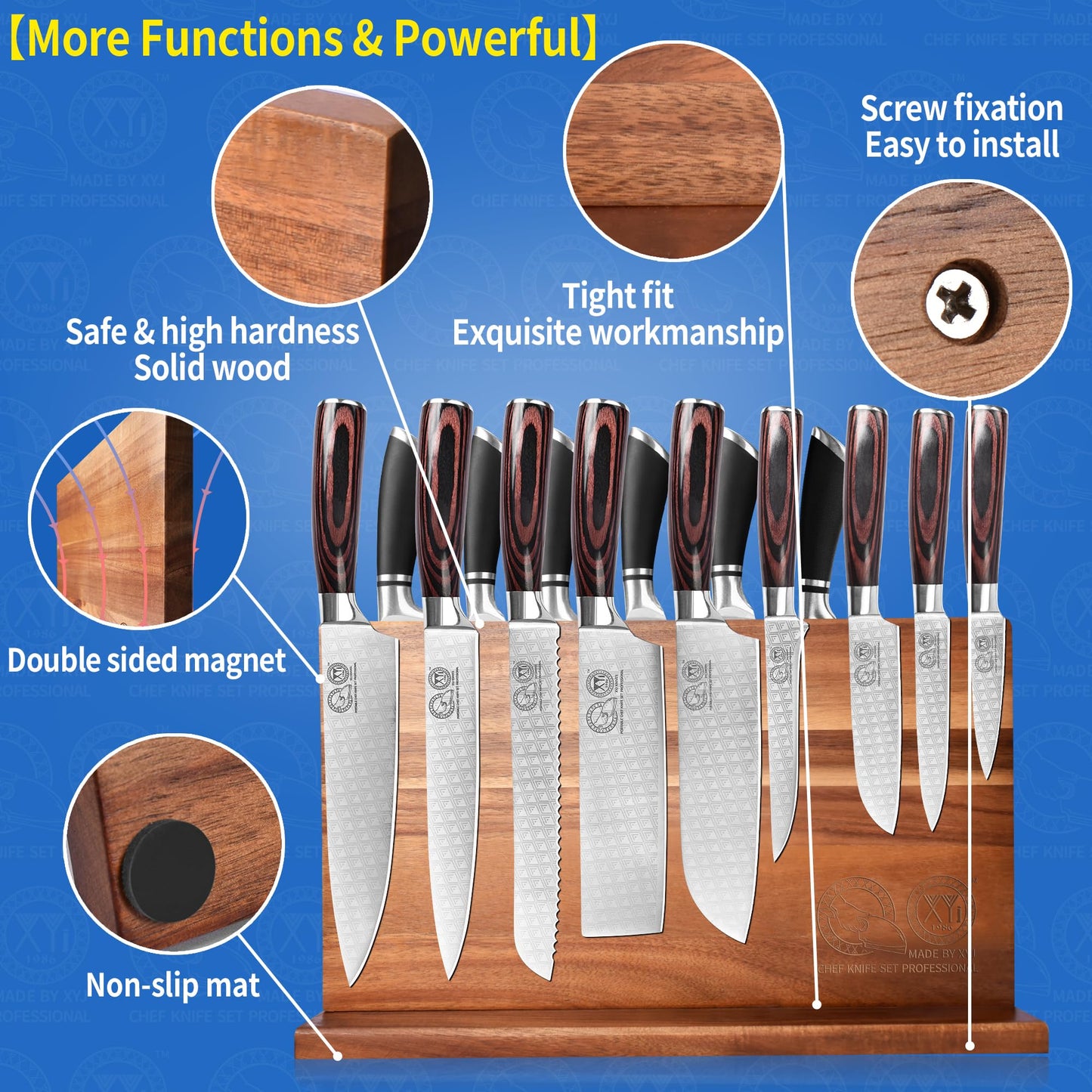 XYJ Authentic Since 1986, Magnetic Knife Block, Double Side Kitchen Knife Stand, Acacia Wood, Magnetic Knife Holder with Strong Enhanced Magnets,Knives Storage Rack Stand for Home Kitchen