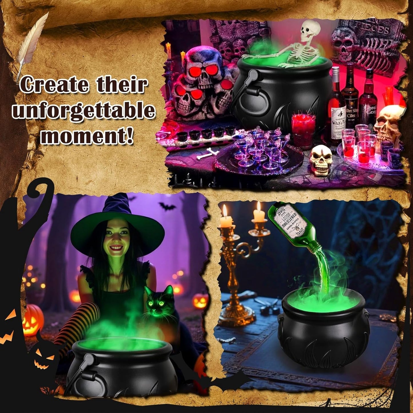 Halloween Decorations Indoor, Cauldron Halloween Decor with Magic Floating Potion Bottles and Diffuser - Black Witches Bowl Hocus Pocus Party Decoration for Spooky Home Kitchen Table (8in/20cm)