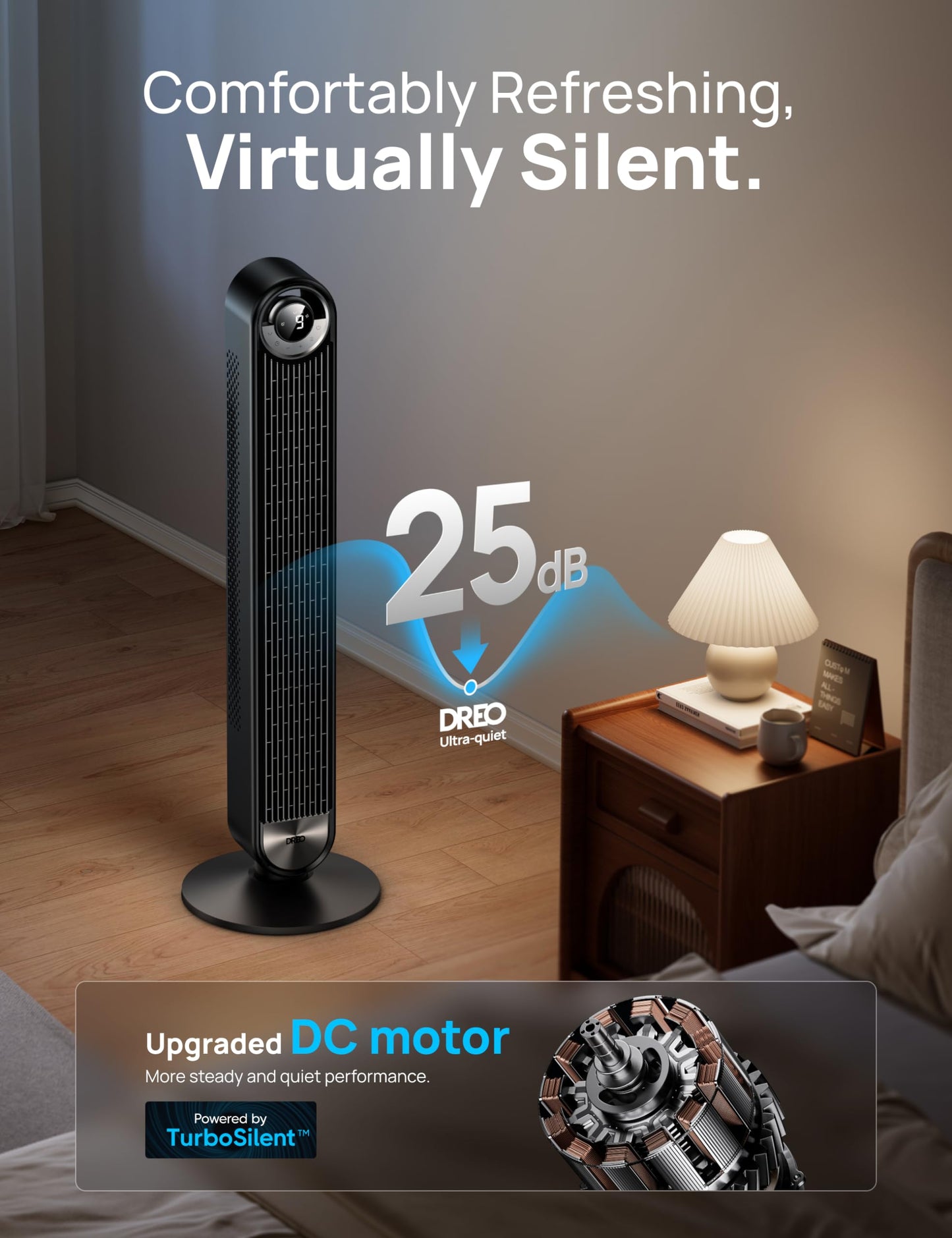 DREO Smart Tower Fans for Home, 90° Oscillating Fan Bedroom Indoors, Voice Control Floor with 12H Timer, 42 Inch Quiet Bladeless Standing LED Display, 9 Speeds, Work Alexa/Google