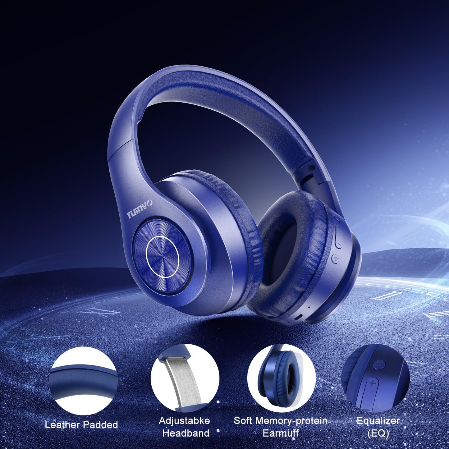 TUINYO Bluetooth Headphones Wireless, Over Ear Stereo Wireless Headset 40H Playtime with deep bass, Soft Memory-Protein Earmuffs, Built-in Mic Wired Mode PC/Cell Phones/TV-Dark Blue