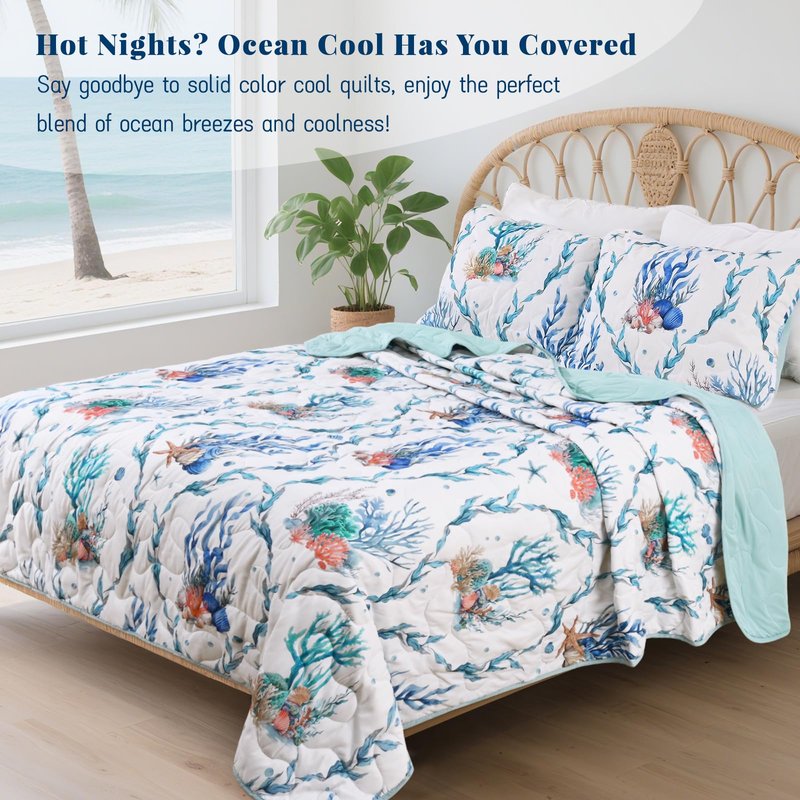 Uspring Cooling Comforter Quilts Queen Size, Double-Sided Cool Comforter for Hot Sleepers Summer Coastal Bedding Set, 3Pcs Lightweight Breathable Cold Summer Bedspreads Blanket Set (Blue, 90'' x 90'')