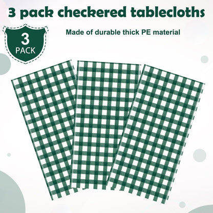 YIDAKO 3pcs 54X108inch Dark Green Checkered Tablecloth,Green Gingham Tablecloths Buffalo Plaid Disposable Plastic Table Covers for Birthday Baby Shower Bridal Wedding Party Birthday Decorations