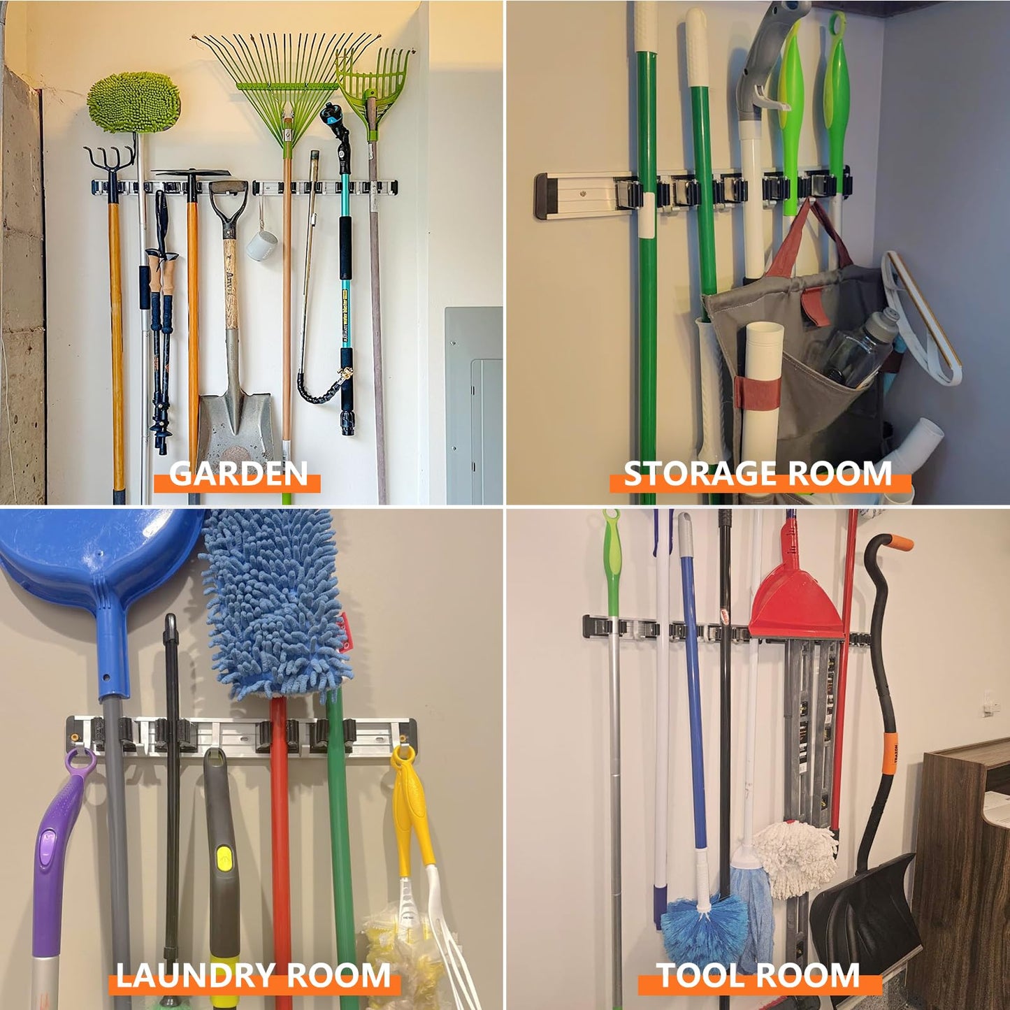 reliahom Broom Holder Wall Mount Mop and Broom Hanger Wall Mounted Garage Storage Rack Kitchen Garden Tool Organizer (4 Racks with 5 Hooks, Silver)