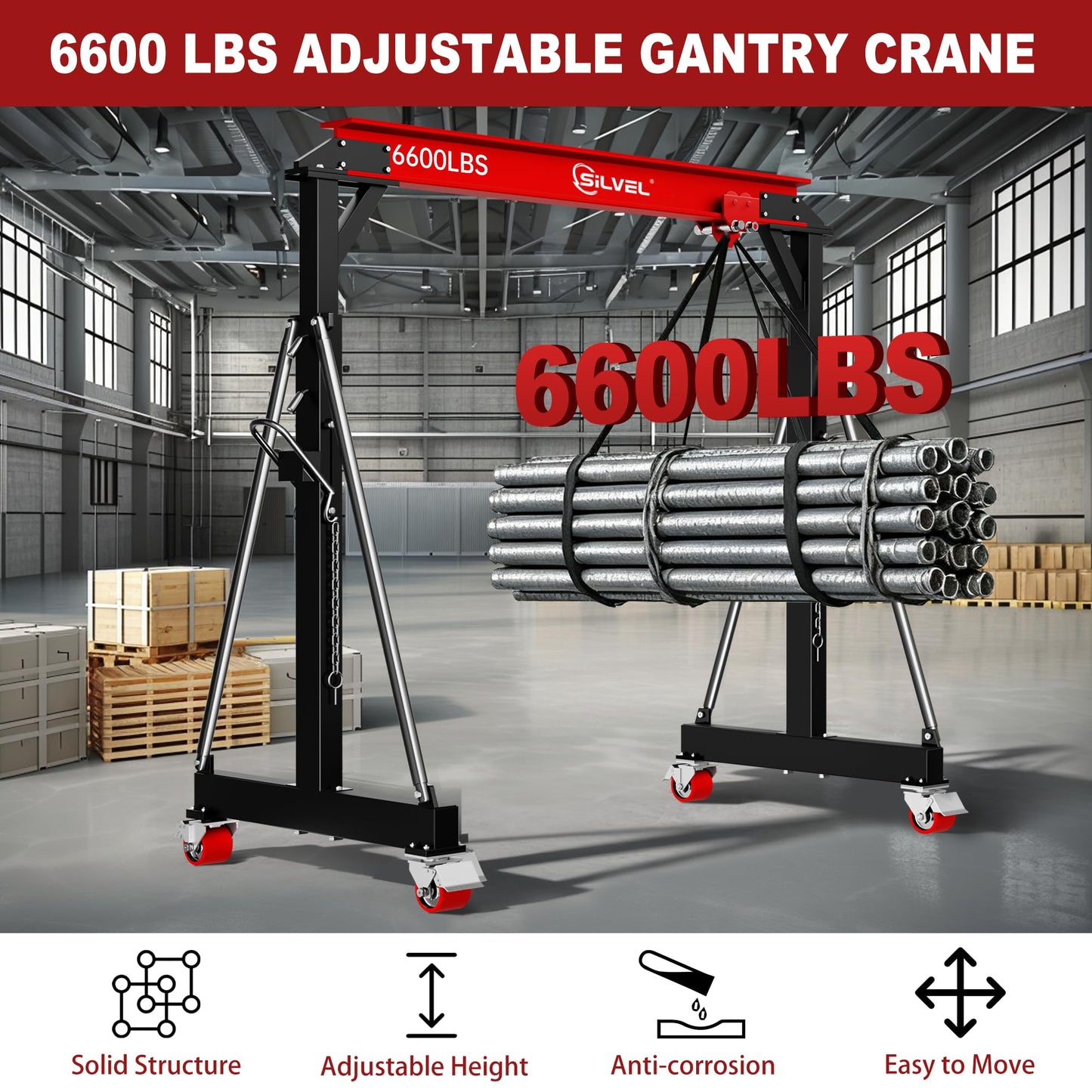 SILVEL 3 Ton Gantry Crane, Max 6600Lbs 8.53FT Maximum Capacity Width, Adjustable Height 8.53-12.47FT, Portable Shop Lift Hoist with 3 Ton Manual Trolley for Factories, Warehouses, Garage, Red
