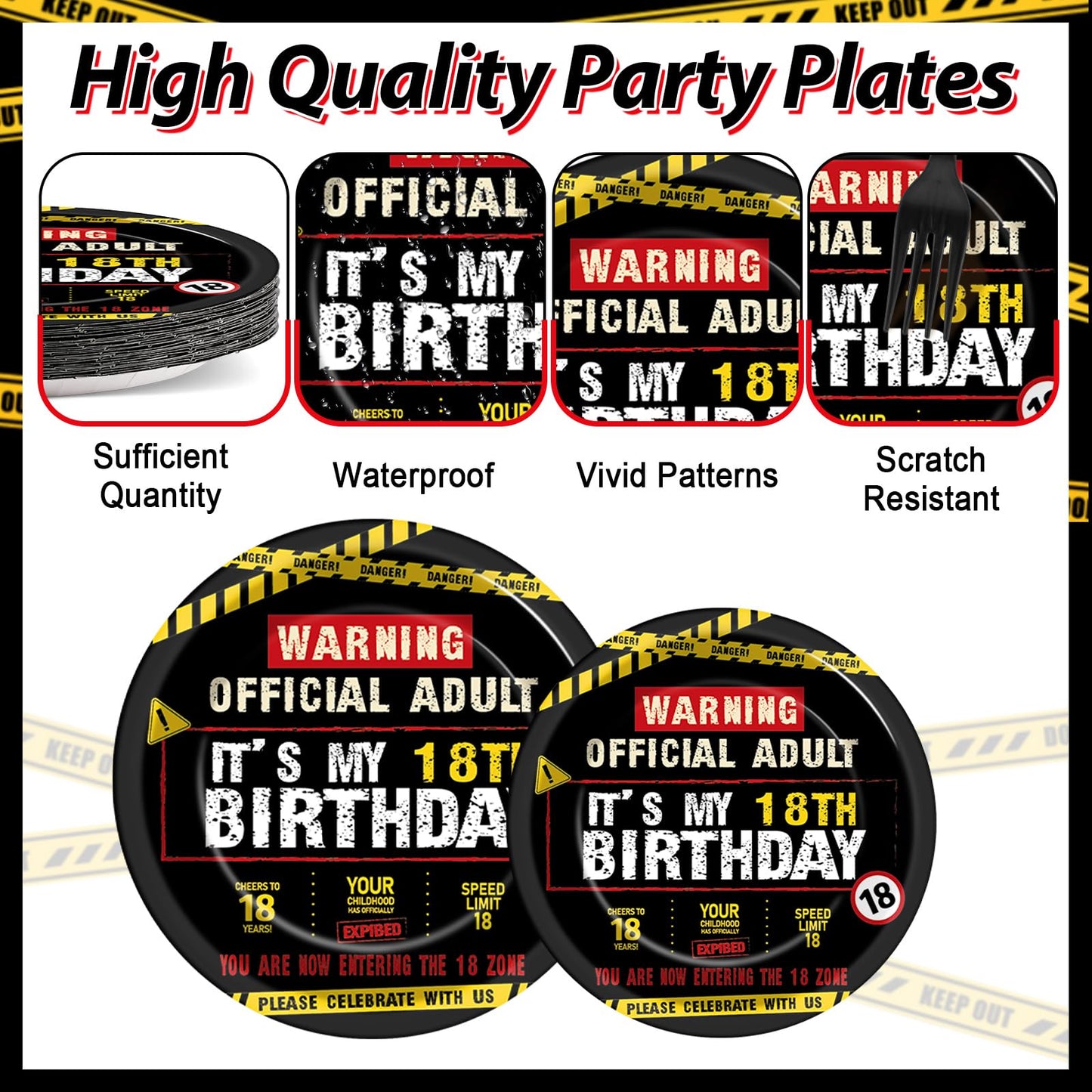 96 PCS Caution Logos 18th Birthday Party Paper Plates and Napkins 18 Years Old Party Decoration Warning Themed Official Adult 18th Dinnerware for Boys Girls 18 Year Old Birthday Gatherings Decorations
